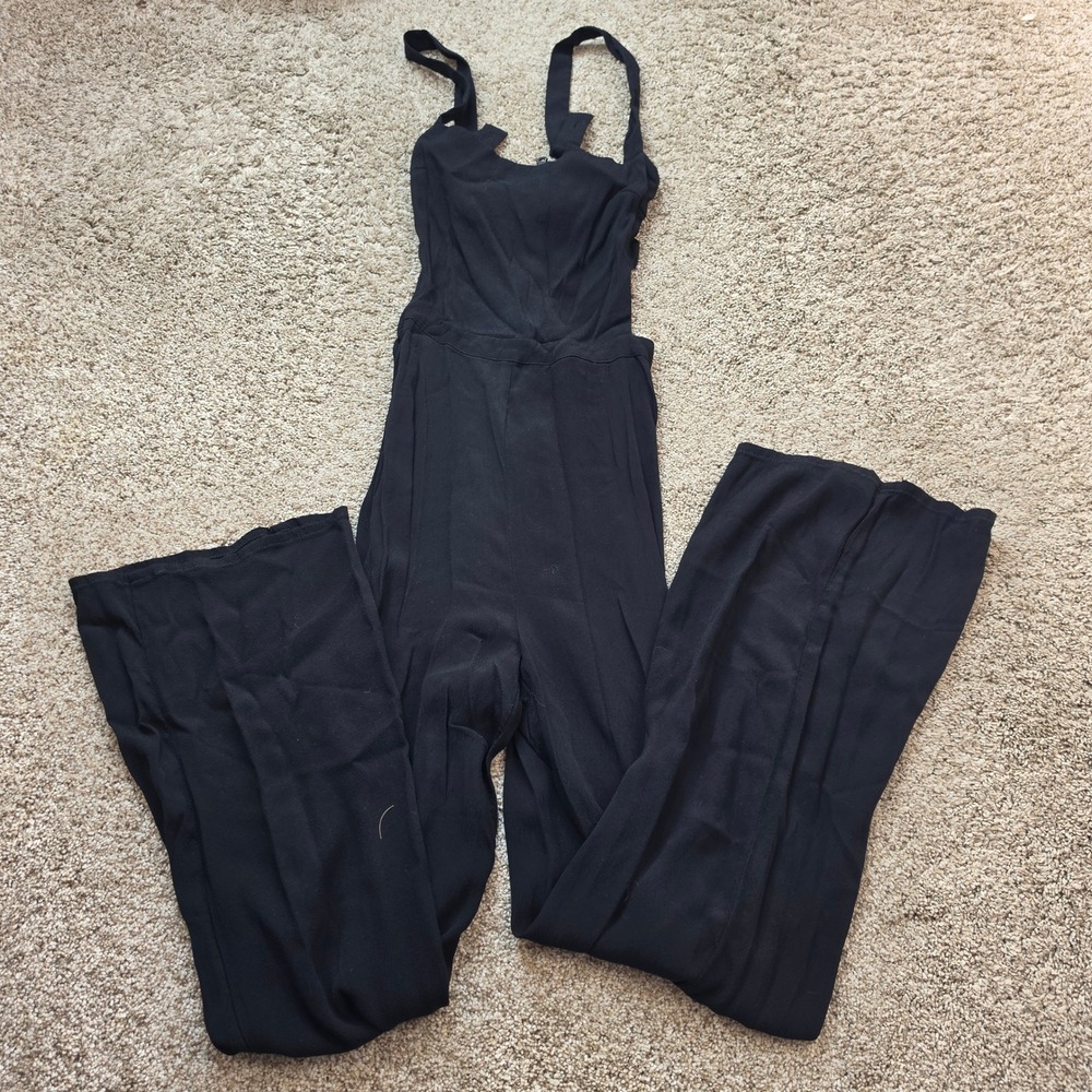 Silence + Noise Jumpsuit Womens Size M Black Rayon Wide Leg Smocked Minimalist